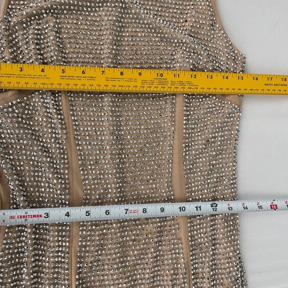 Cache Women Dress Y2K Sleeveless Rhinestone Embellished Mesh Beige Silver M - Picture 11 of 14